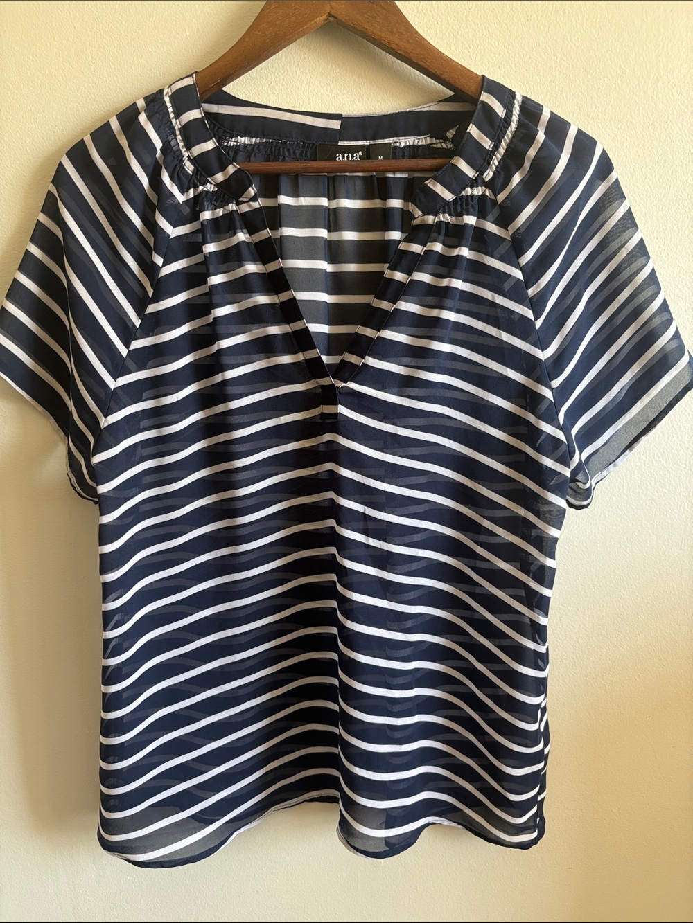 a.n.a Navy White Striped Split Neck Blouse Medium